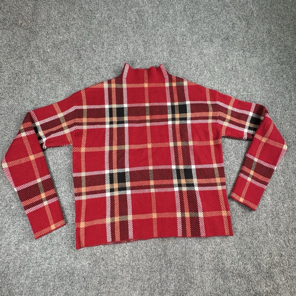 Tahari Sweater Women M Red Plaid‎ Mock Neck Holiday Academia Classic Preppy Y2K